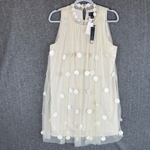 Gracia Beige Tulle Polka Dot Applique Sleeveless Shift Dress D12843 Womens L NWT